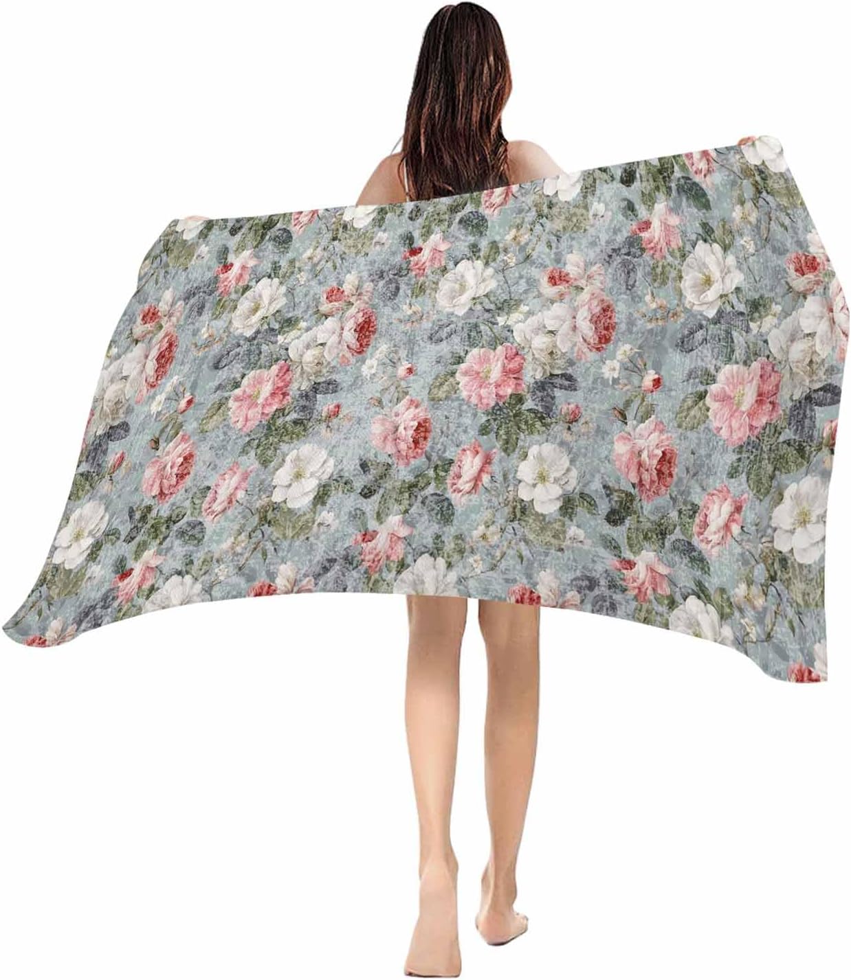 

Beach Towel Pink Bloom Flowers Bath Pool Towels Blue Retro Spring Floral Soft Absorbent Lightweight Large Quick Dry Swim Towels W30*H60(CM)
