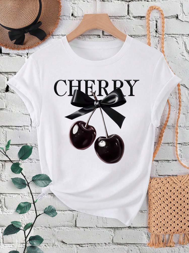 New Summer Women T Shirt Fashion Cherry Bow Print Short Sleeve T-Shirts Casual Streetwear Hip Hop Y2k Clothes Tops
