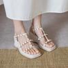 Fashion Women's New Spring/Summer Genuine Leather Cowhide Metal Rivet Loose Buckle High Heel Slope Heel Large Roman Sandals