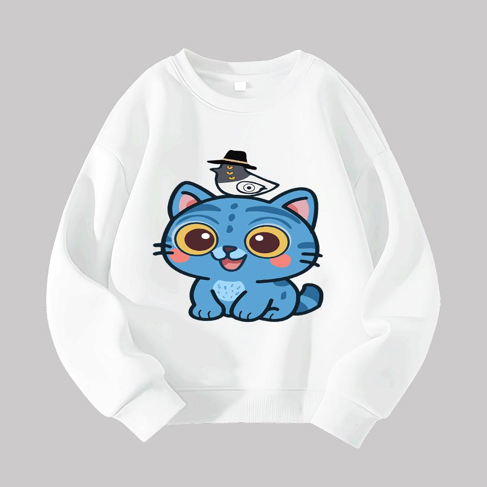 Cute Blue Cat with Hat Print Kids Sweatshirt Toddler Boys Girls Casual Long Sleeve Pullover Autumn Winter Clothes