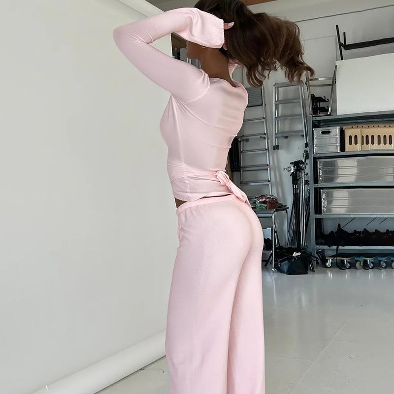 Solid Fleece Laced Long Sleeve Top High Waist Straight Casual Two Piece Set For Women