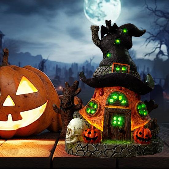Halloweenská socha čarodějnického domu s LED světlem Magický dům Pryskyřičná figurka Socha Ozdoba pro domácí kancelář Stolní dekorace