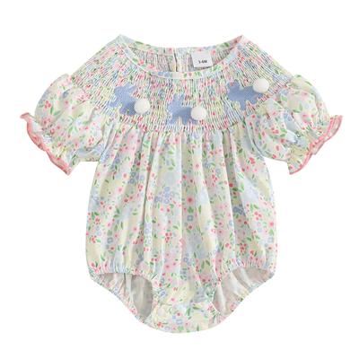 Baby Girls Rompers Easter Clothes Rabbit Embroidery Floral Print Short Sleeve Summer Bodysuits Jumpsuits