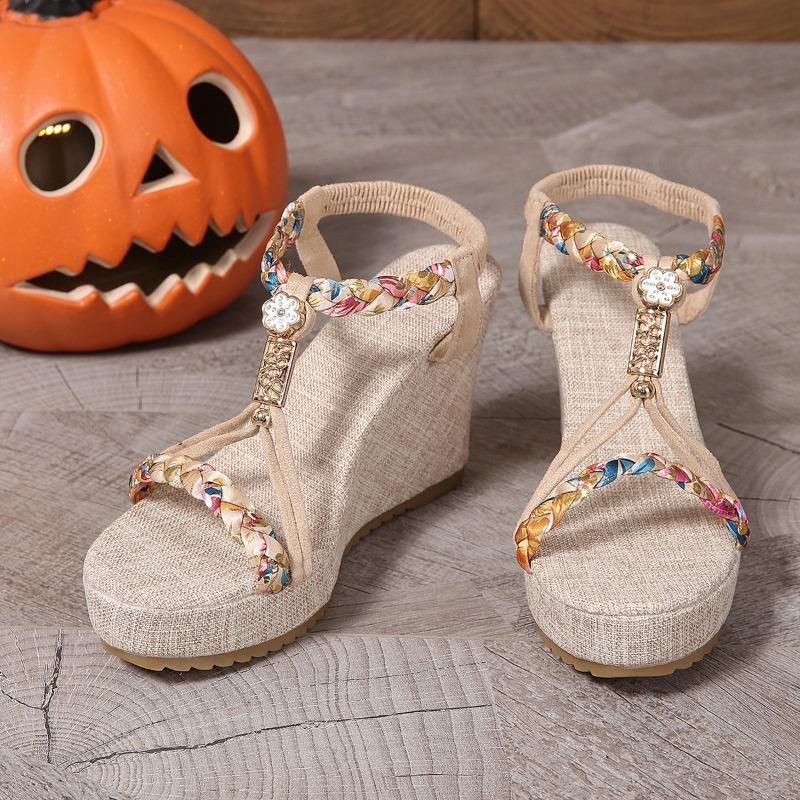 

Fashion Flowers Bohemia Sandals for Women 2025 Summer Woven Band Flats Sandals Woman Non Slip Beach Sandles Plus Size 43 36 бежевый