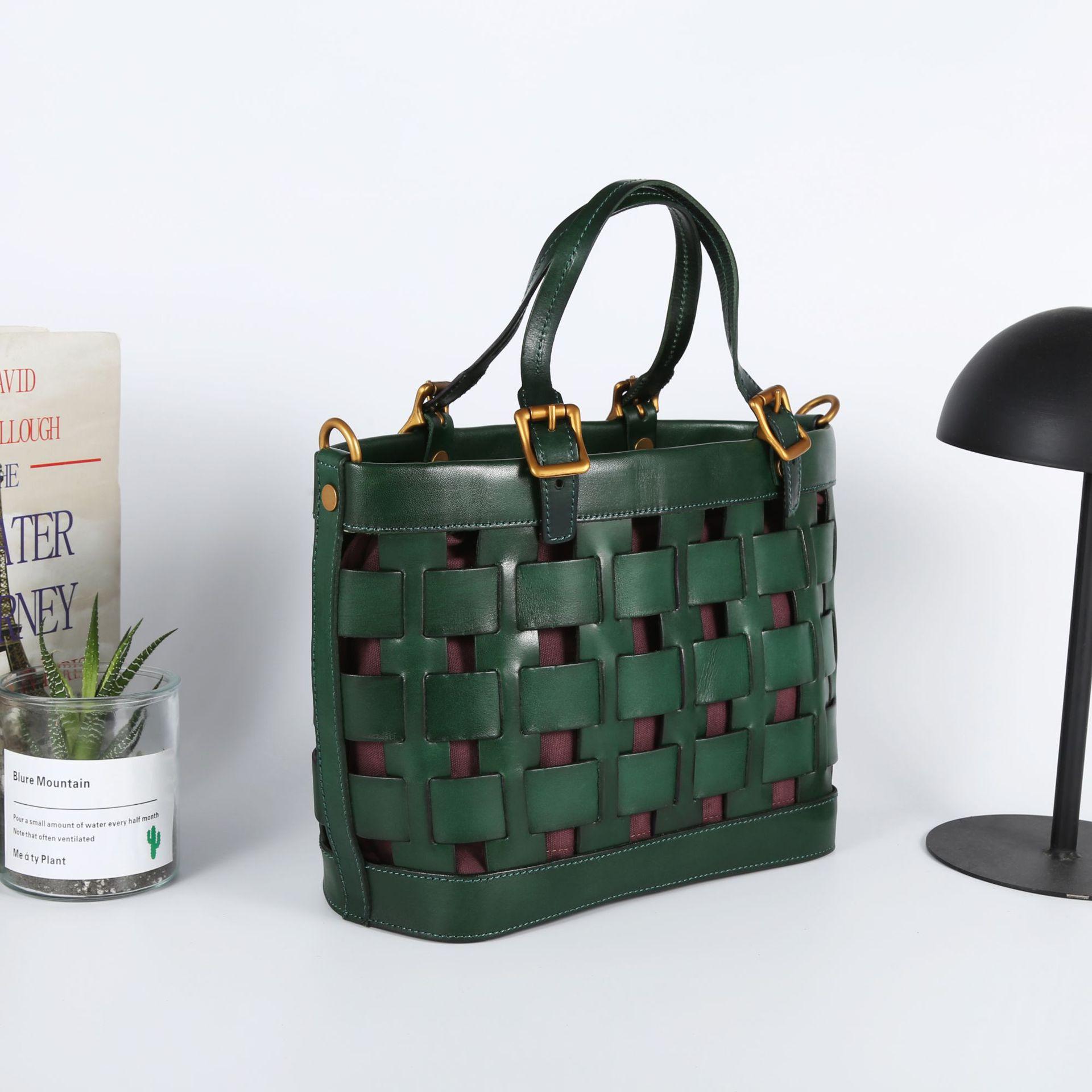 

Верхний слой из кожи растительного дубления, плетеная вручную сумка + художественная ретро-сумка из коровьей кожи + модная сумка-корзина для овощей на одно плечо 26.5x13.5x22cm кислотные зеленого