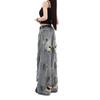 Scrap Wind Tie-Dye Broken Hole Denim Jeans Women Pear-Shaped Body Large Size Loose Straight Draped Wide-Leg Pants Retro Baggy Long Jeans for Ladies
