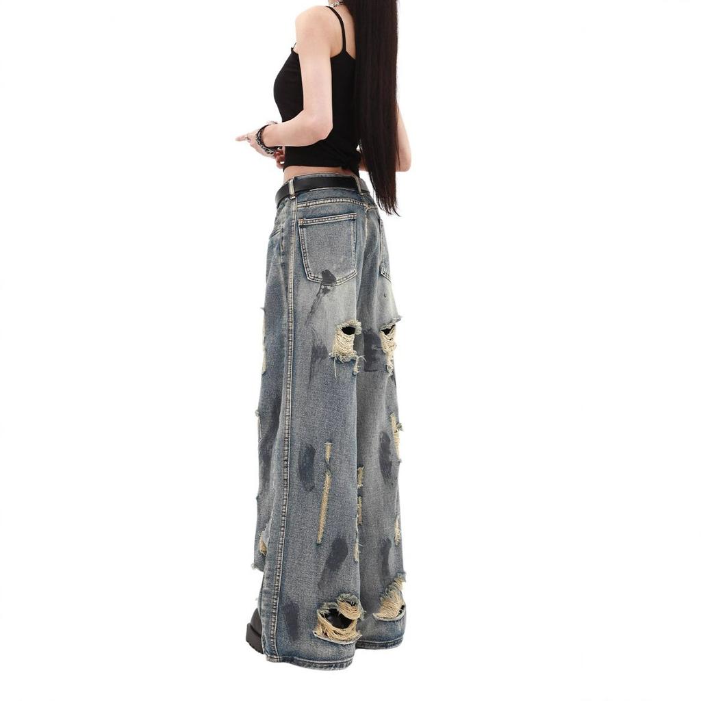 Scrap Wind Tie-Dye Broken Hole Denim Jeans Women Pear-Shaped Body Large Size Loose Straight Draped Wide-Leg Pants Retro Baggy Long Jeans for Ladies