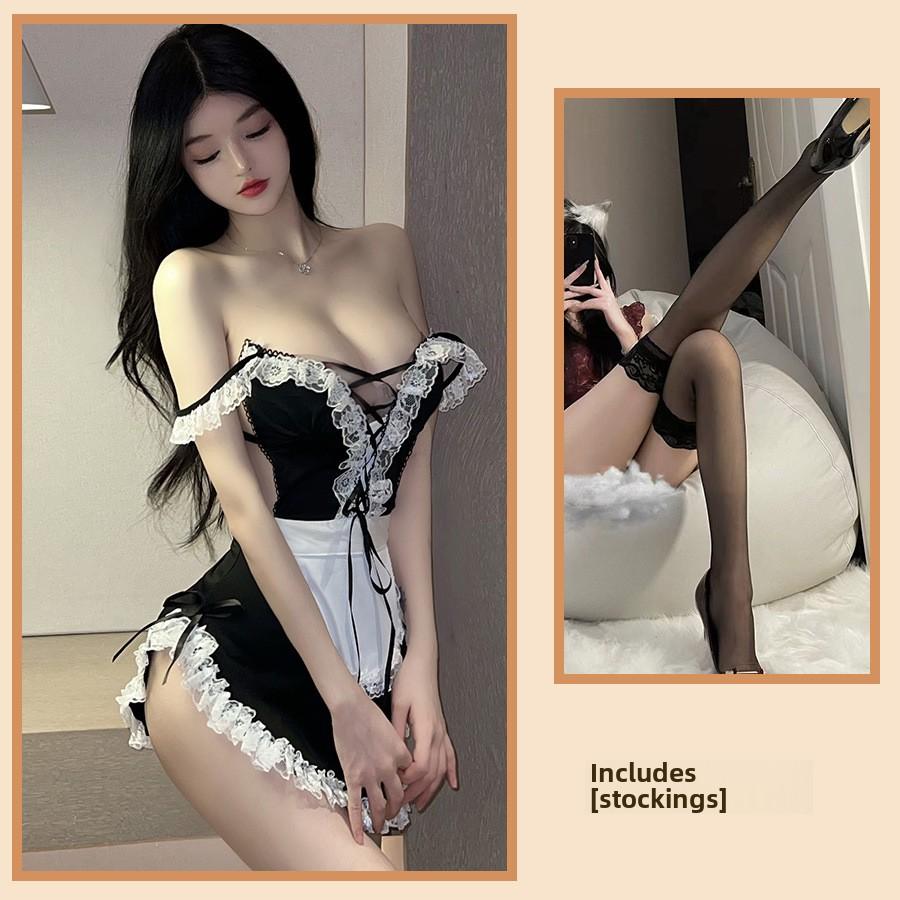 Sexy Lingerie Passion Maid Cosplay Lace Uniform Seduction Lace Up Naughty Maid Nightdress Set