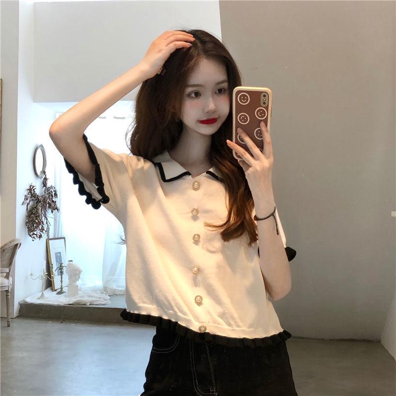 Women's Short Sleeve Lace Knit Top - Color Block, Gentle Summer Doll Style