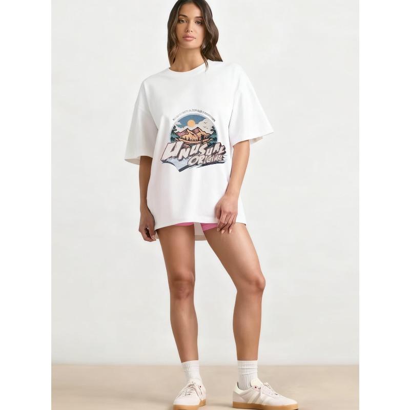 Oversized T-Shirt Black Mountain Landscape Unusual Origins Graphic Print Casual Streetwear Summer Top