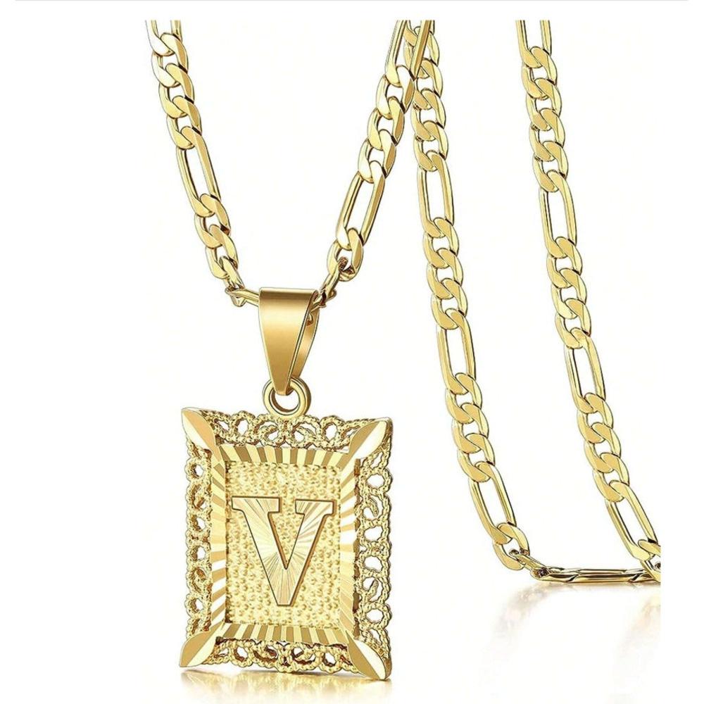 Initial Necklace Square Letter Pendant Necklace Capital Monogram Necklace Alhpabets From A-Z Figaro Chain Necklace