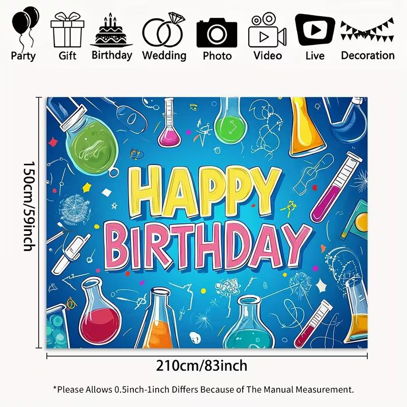 2D Flat Kids Science Party Backdrop "Happy Birthday" Lab Test Tube Background Cloth