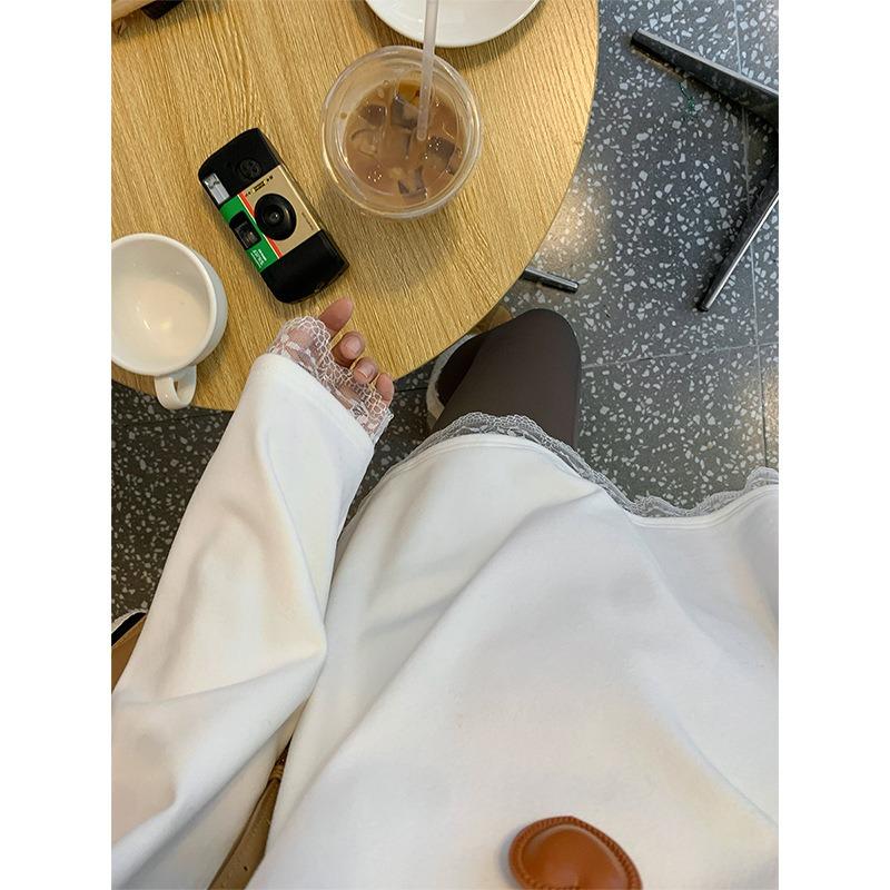 Long-sleeved Bottoming Shirt for Women Spring New Style Lace Splicing Loose Round Neck with Chic T-shirt Top