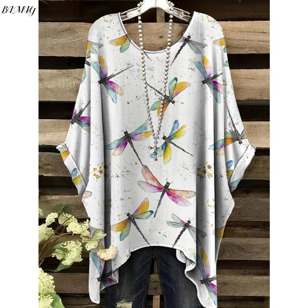 Sommar Dam Elegant Bohemisk Tvåfärgad T-shirt - Hjärta Blommigt Tryck med Fjäril Rund Hals Casual Blus Boho Älskare 2025