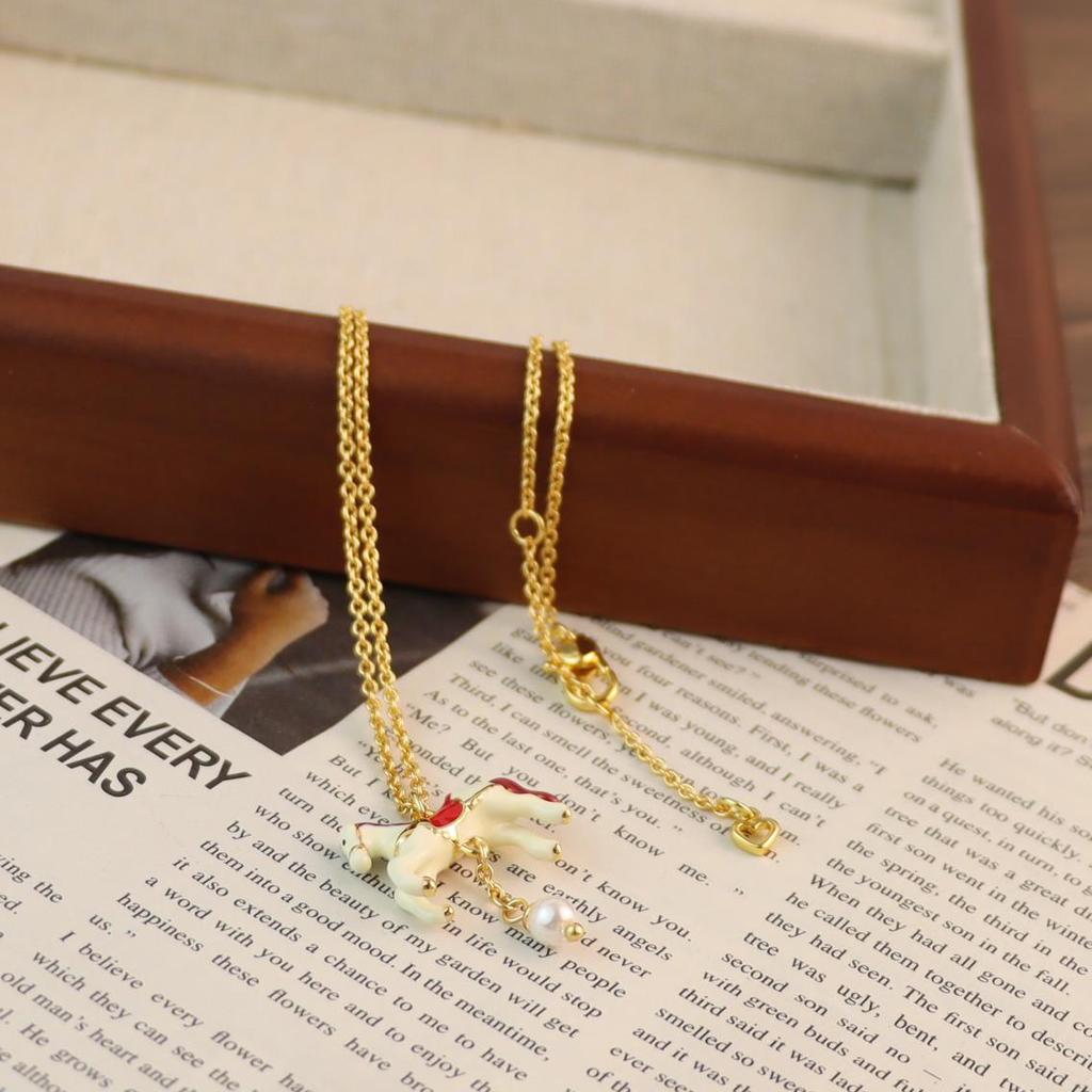 Creative Enamel Carousel Pearl Pendant Earrings & Necklace - European & American Style Christmas Series