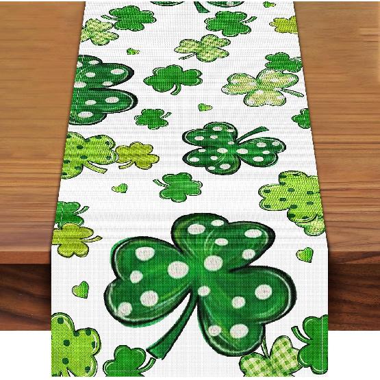 72 x 13 Inch St. Patrick's Day Table Runner Decorations, Linen Green Shamrock and Polka Dot Clover Pattern Table Runner for Irish Celebration, Home,
