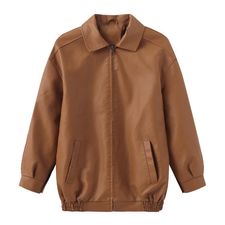 Women Fashion Slim Fit Pu Leather Jacket Long Sleeve Lapel Collar Zipper Coat for Fall Winter