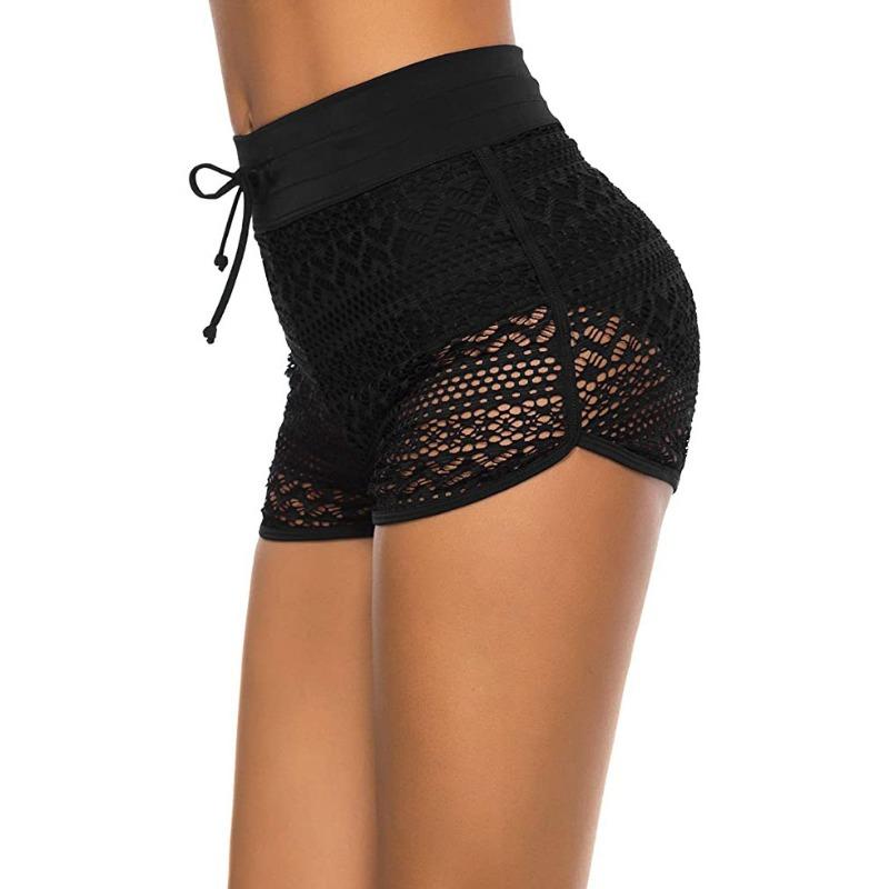 

Women s Black Lace Swim Shorts High Waist Drawstring Beach Cover-Up Bottoms S