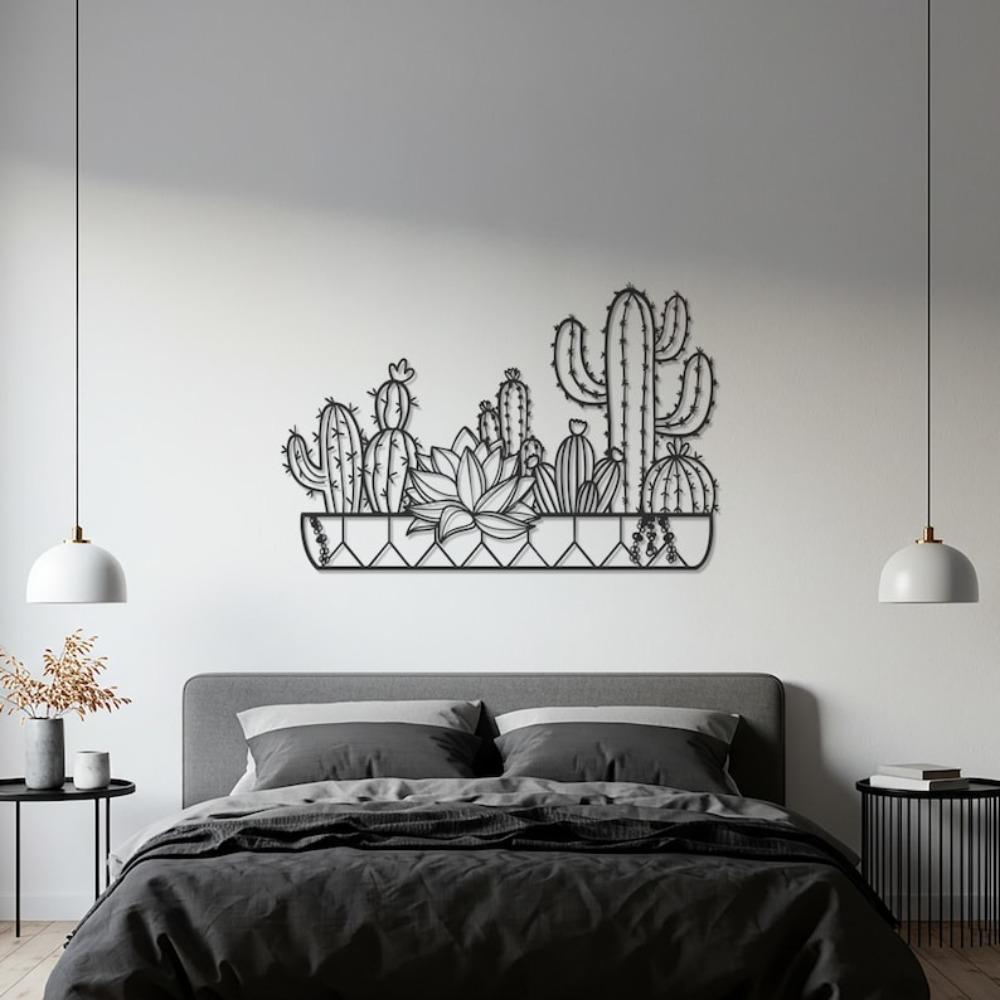 Wrought Iron Cactus Wall Decor, Minimalist Botanical Metal Art, Modern Nature Inspired Sculpture for Living Room Office