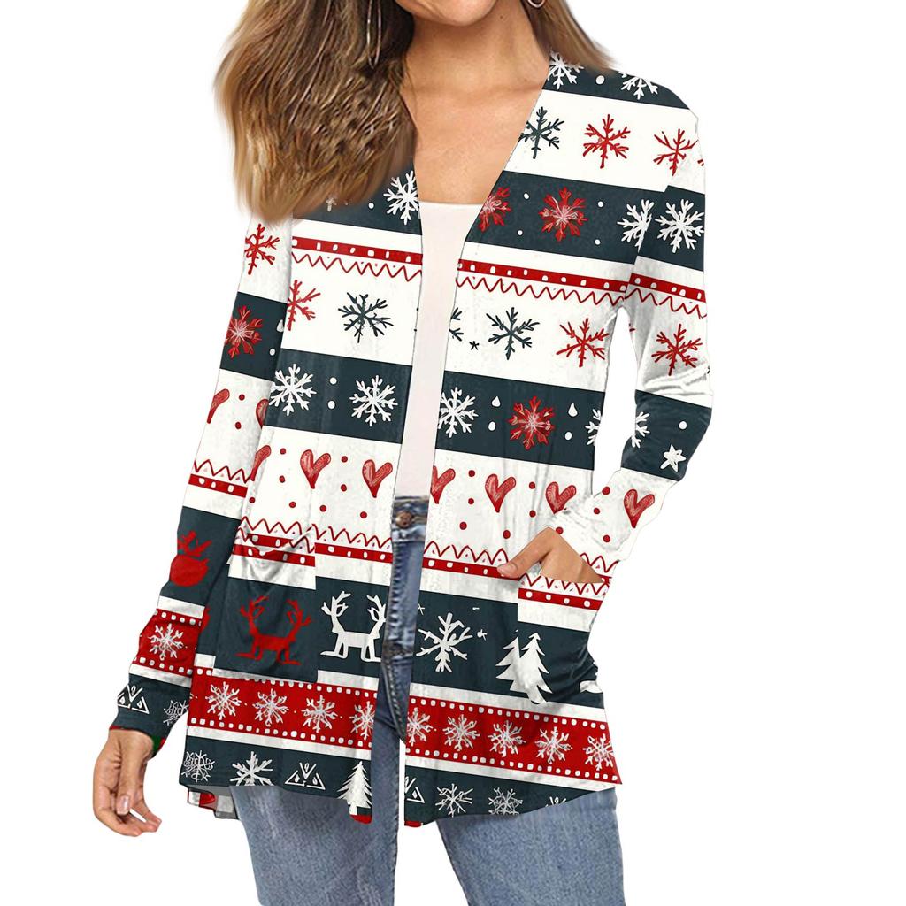 Women's Fashion Christmas Print Long-Sleeved Pocketed Slim-Fit Cardigan Coat