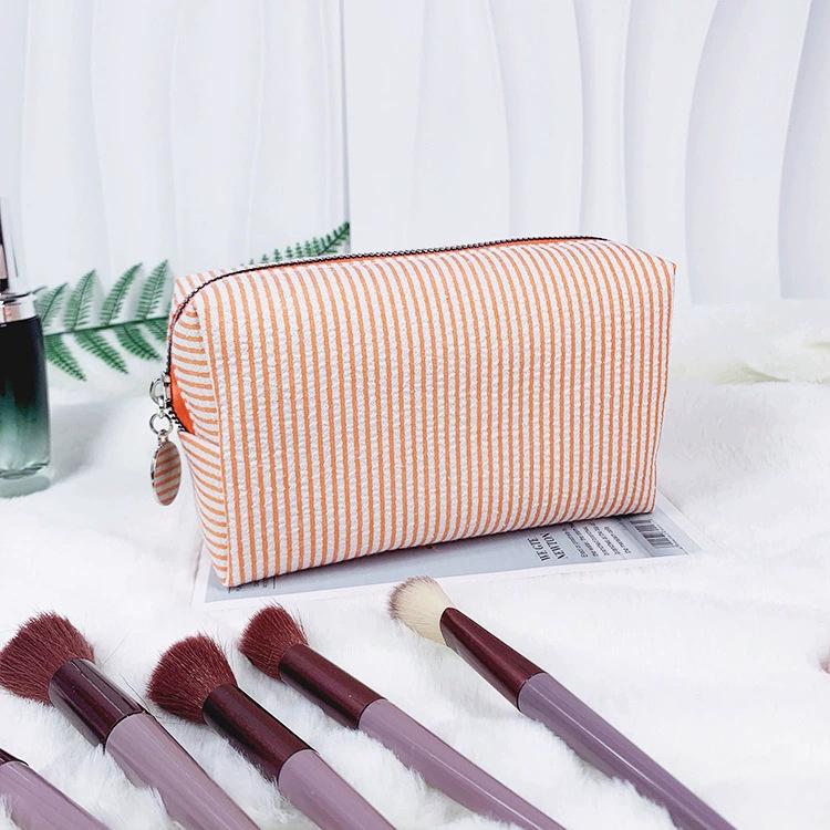 Personalized Seersucker Embroidered Striped Makeup Bag for Travel & Toiletries