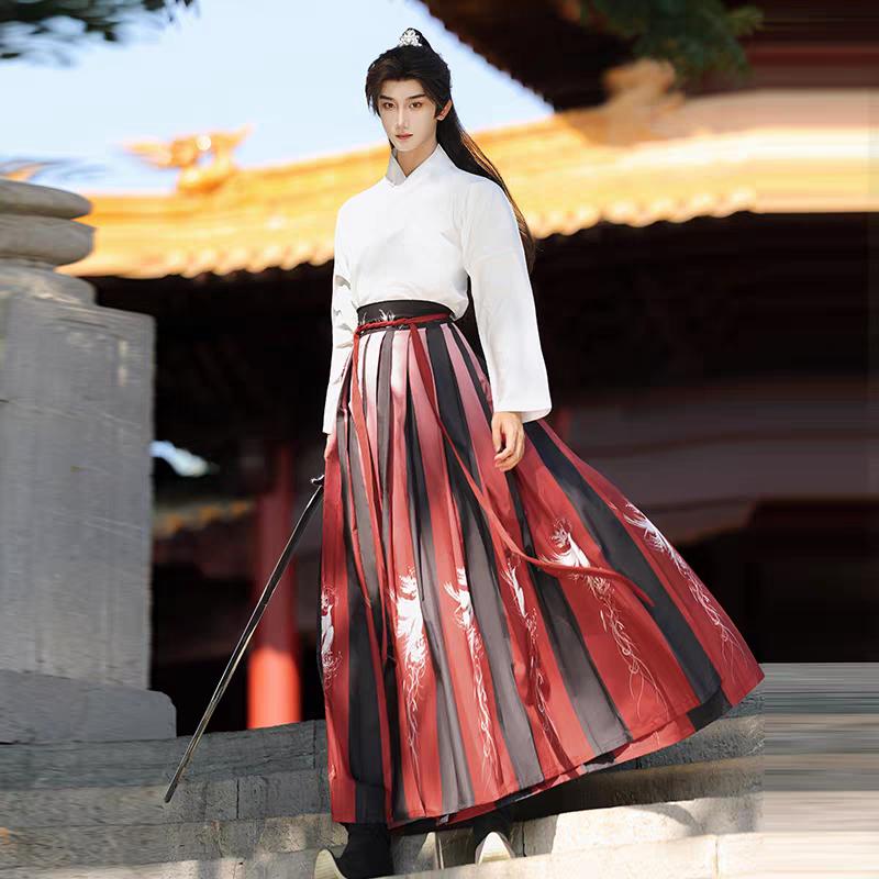 Chinese Wei And Jin Dynasty Style Hanfu For Male And Female Knights Printed Cross-collar Waist-length One-piece Skirt, Daily Suit
