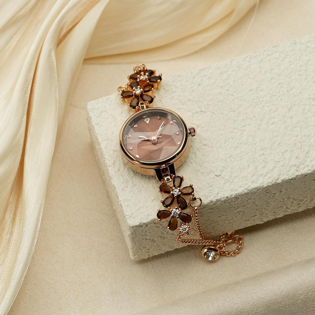 TIME100 Japanese Quartz Bracelet Polyhedron Glass Crystal Gift Box Included Women's Watch, Movement, Style, Band, Waterproof, (Coffee Brown)