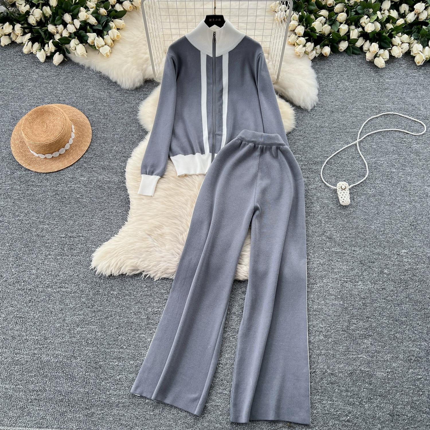 

Осенне-зимний вязаный свитер, женский комплект из куртки с длинным рукавом и молнии + брюки длиной до щиколотки, спортивный костюм из двух частей One Size серый