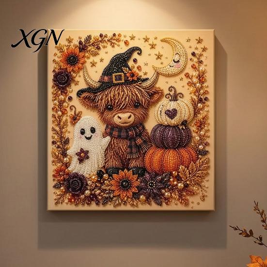 Handgemachtes Geschenk für Bastelfreunde 2 Stück Halloween Kunst mit Kunstperlen, Geisterkürbis Hexe Krähe Malerei DIY Funkelndes Perlen-Set Kit, 3D Totenkopf