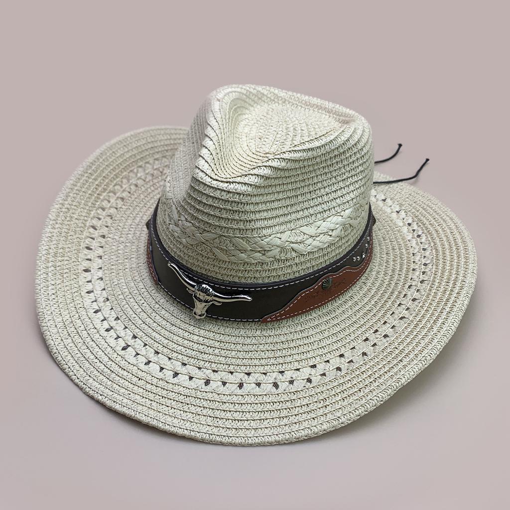 Retro Belt Cow Head Accessories Western Cowboy Hat Men And Women American Sunshade Gradual Change Color Straw Hat