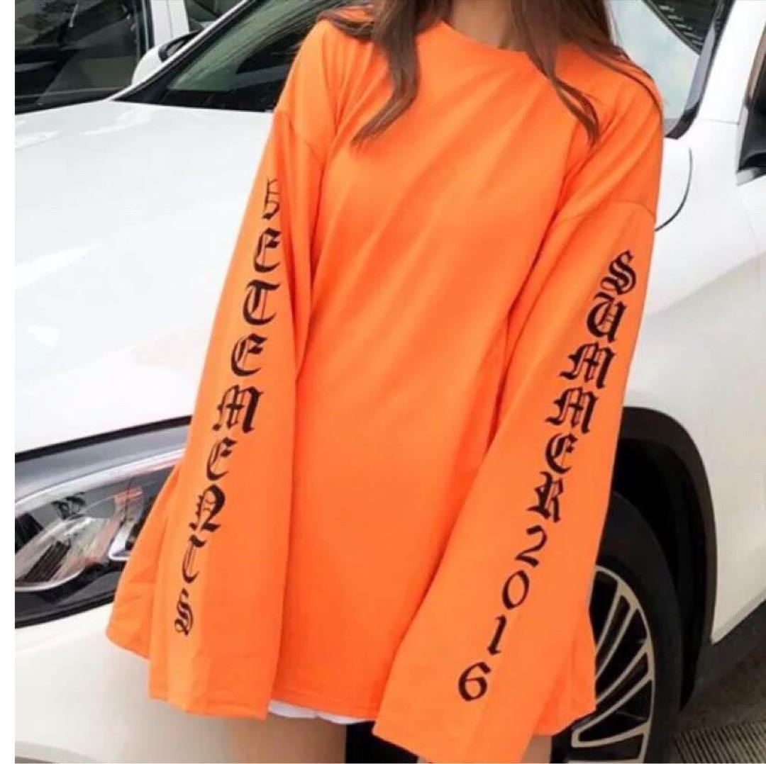 

[USED] Men s long-sleeved T-shirt, dance, streetwear, Korean Ulzzang costume, orange, size L