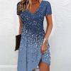 Summer Fashion Women's V Neck Short Sleeve Ink Wash Printed  Dress Sex Short Skirt Dresses