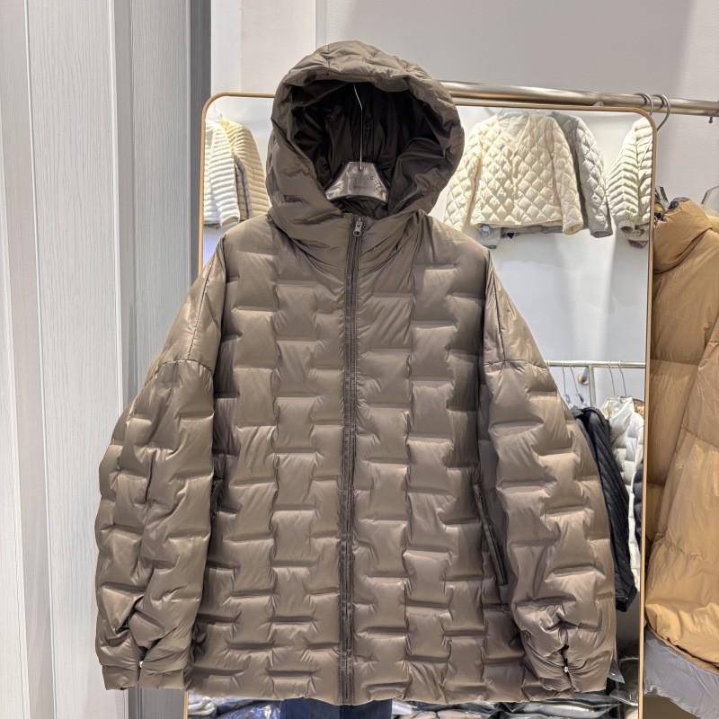 Womens Lightweight Puffer Jacket With Hood Quilted Square Design Duck Down Fill Plus Size Loose Fit Winter Coat