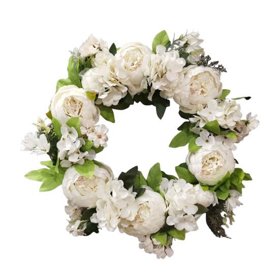 40CM Artificial Peony Wreath Indoor Outdoor Front Door Wall Hanging Fake Flower Garland with Green Leaves Wedding Party Home Decoration