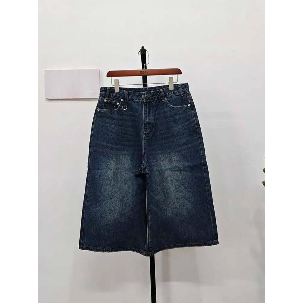 BeatStreet Styl Koreański Vintage Męskie Jeansowe Szorty Letnie Luźne Męskie Szerokie Nogawki Długość do Kolan Nowe Wypłukane Modne Krótkie Spodnie Jeansowe