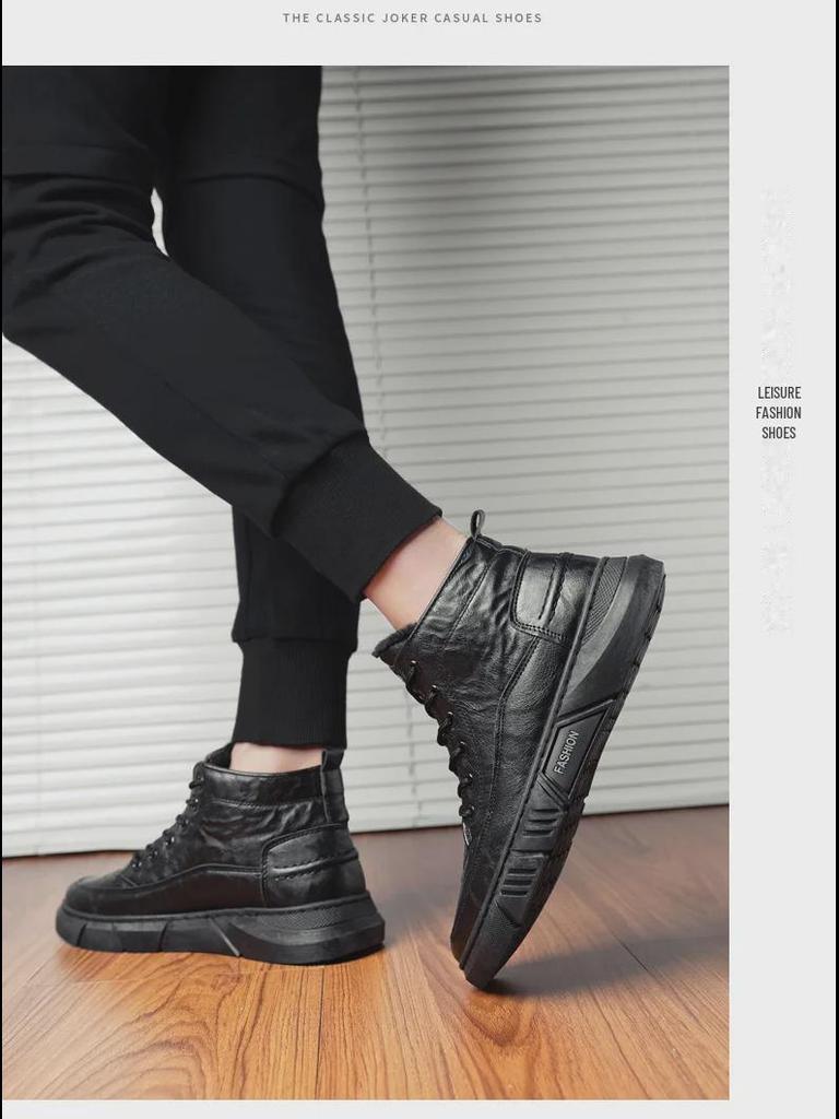 Men's Winter Brogue High-Top Leather Boots - Warm, Casual, Velvet-Lined