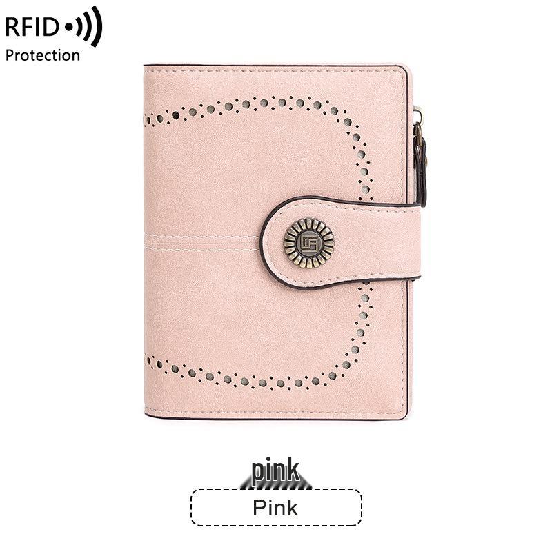 2023 RFID Women's Oil Wax Leather Wallet: Short Card Holder with Coin Purse and Fashion Buckle Zipper.