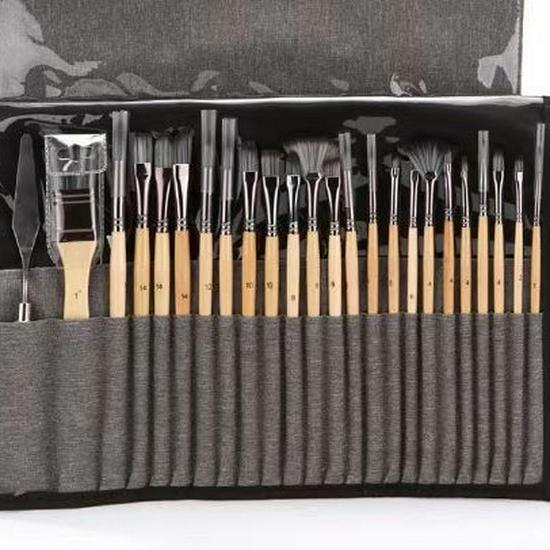 25-Piece Nylon Hair Paintbrush Set with Silver-Gray Handles for Oil, Gouache, and Watercolor Painting
