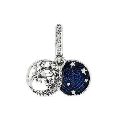 Pandora Blue Galaxy   Tree Double Pendant Dangle Silver Charm 799645c01