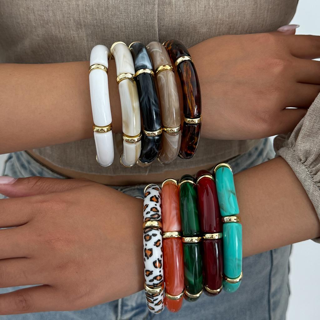 KunJoe 10 Colors Vintage Stackable Leopard Resin Acrylic Bracelets for Women Bohemian Round Tube Beaded Elastic Bangle Bracelet