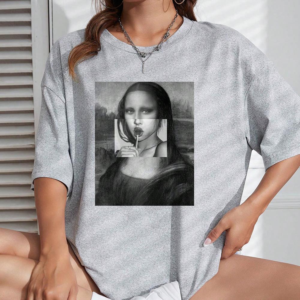 Women Cotton TShirts Funny Mona Lisa Printed Short sleeve Tee Comfortable Personality Loose Tops Summer Fashion Lady Clothes