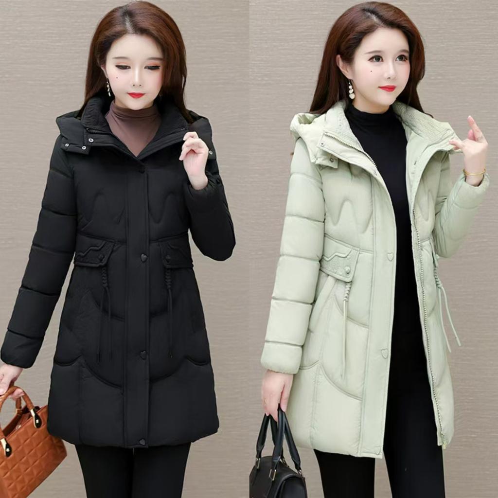Down cotton-padded clothes for women's winter long slim-fitting cotton-padded clothes, warm hooded and cold-proof cotton-padded jacket.