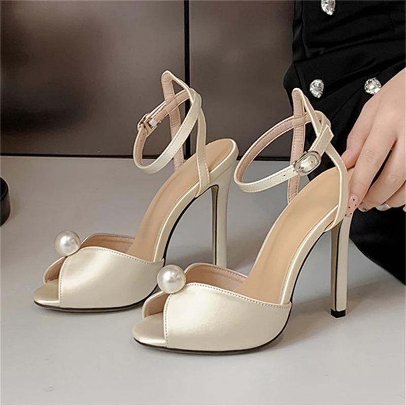 Eilyken Fashion String Bead Peep Toe Woman Sandals Ankle Buckle Strap Sexy Stiletto Heels Party Pumps Shoes