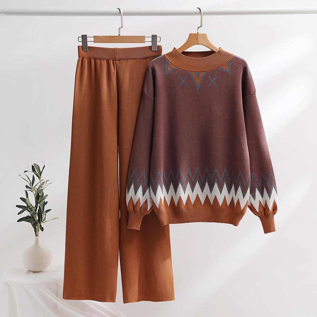 Women's Temperament Two-piece Knitted Suit Loose Sweater Wide Leg Pants