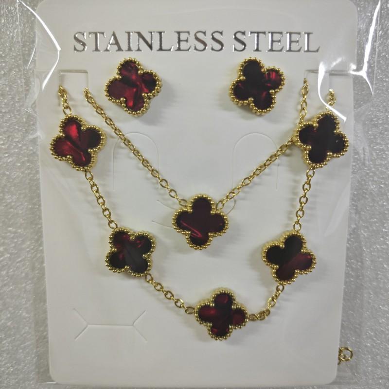 13mm Clover Pendant Necklace Bracelet Earring Set 18K Gold Plated Stainless Steel Jewelry Women Men