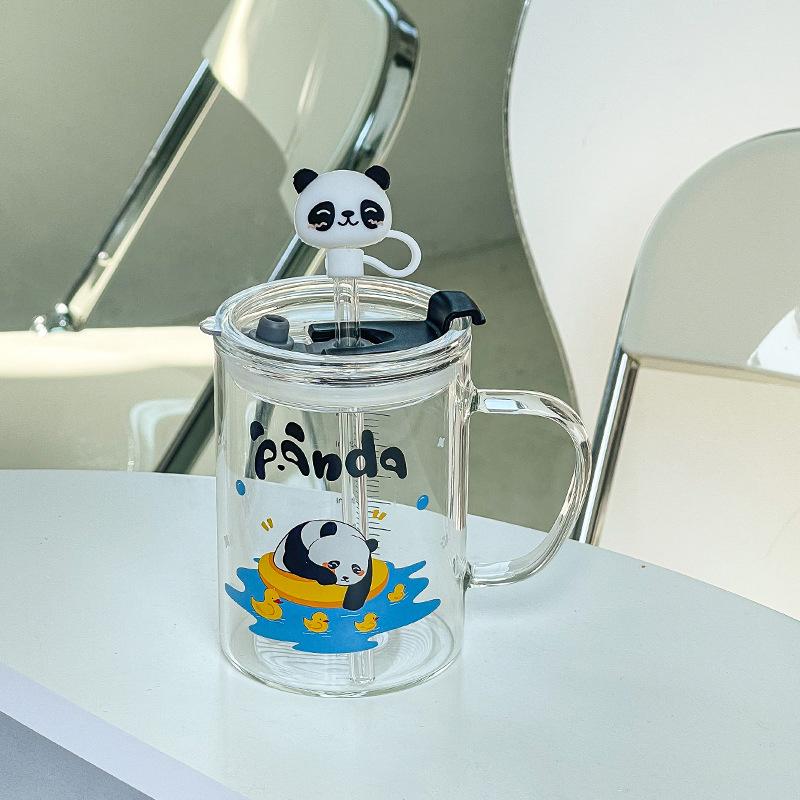 High-Value Transparent Water Cup Gift Cute Cartoon Breakfast With Lid Household Wind Glass