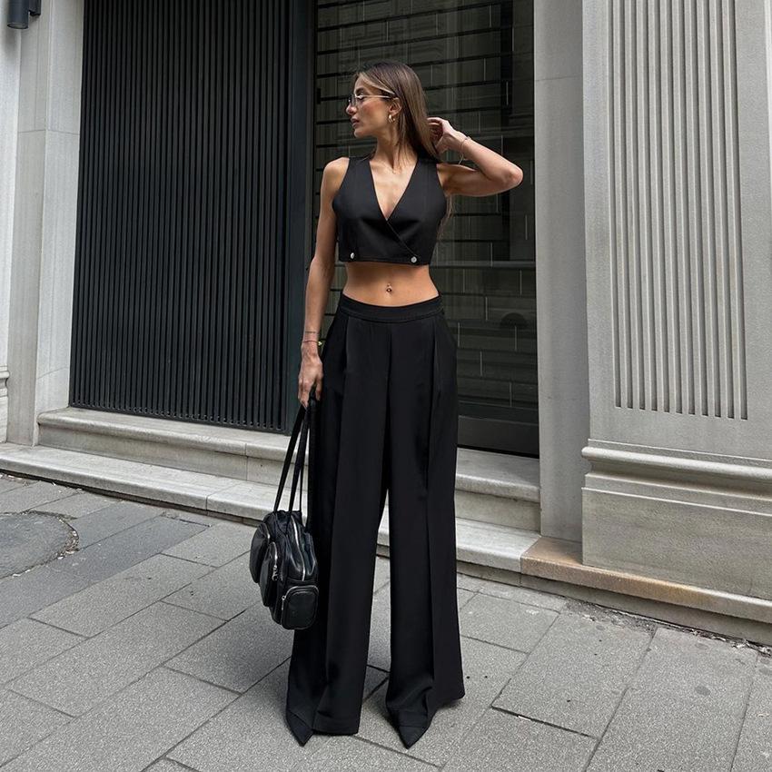 Summer fashion design sense sleeveless V-neck open-button short vest high waist wide-footed pants temperament casual khaki suit women
