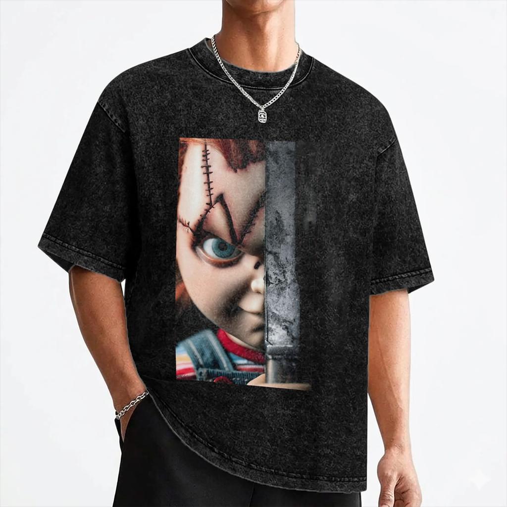 Horror Movie Chuckys T Shirts Washed Short Sleeve Oversize T-Shirts Halloween Fashion for Men Women Streetwear Summer Tees