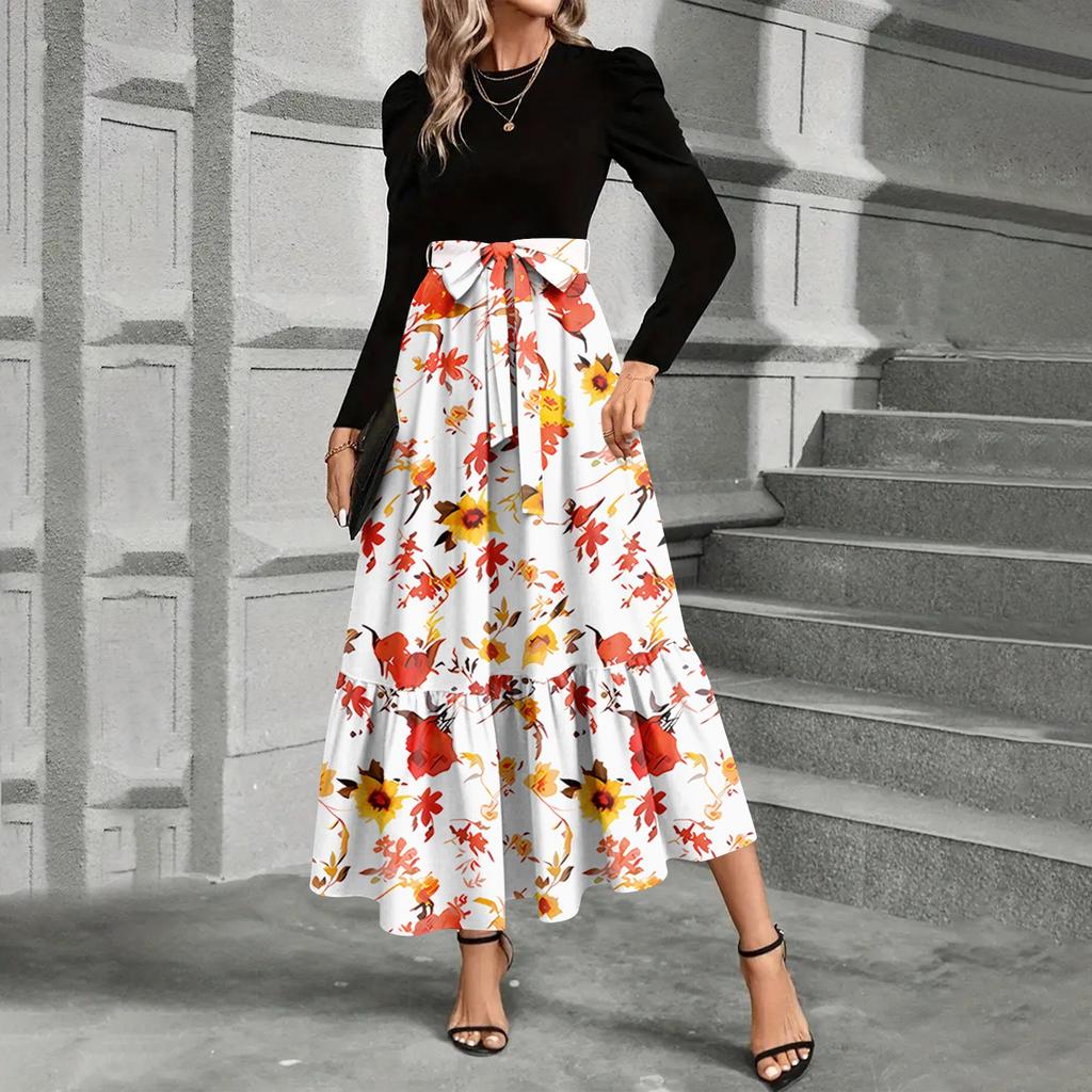 Women's Floral Print High Waist Fashionable And Elegant Dress