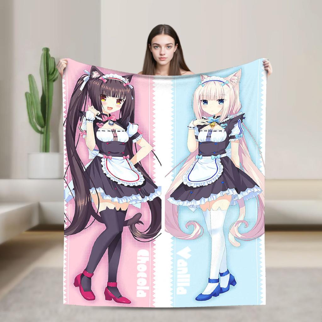 Kawaii Nekopara Anime Catgirls Blankets Fleece  Super Warm Throw Blankets for Outdoor Travel Bedroom Quilt